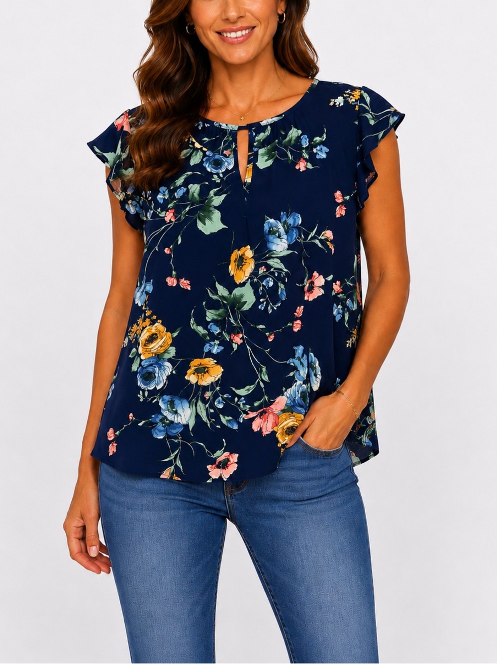 E&M Floral Navy Cap-Sleeve Keyhole Blouse